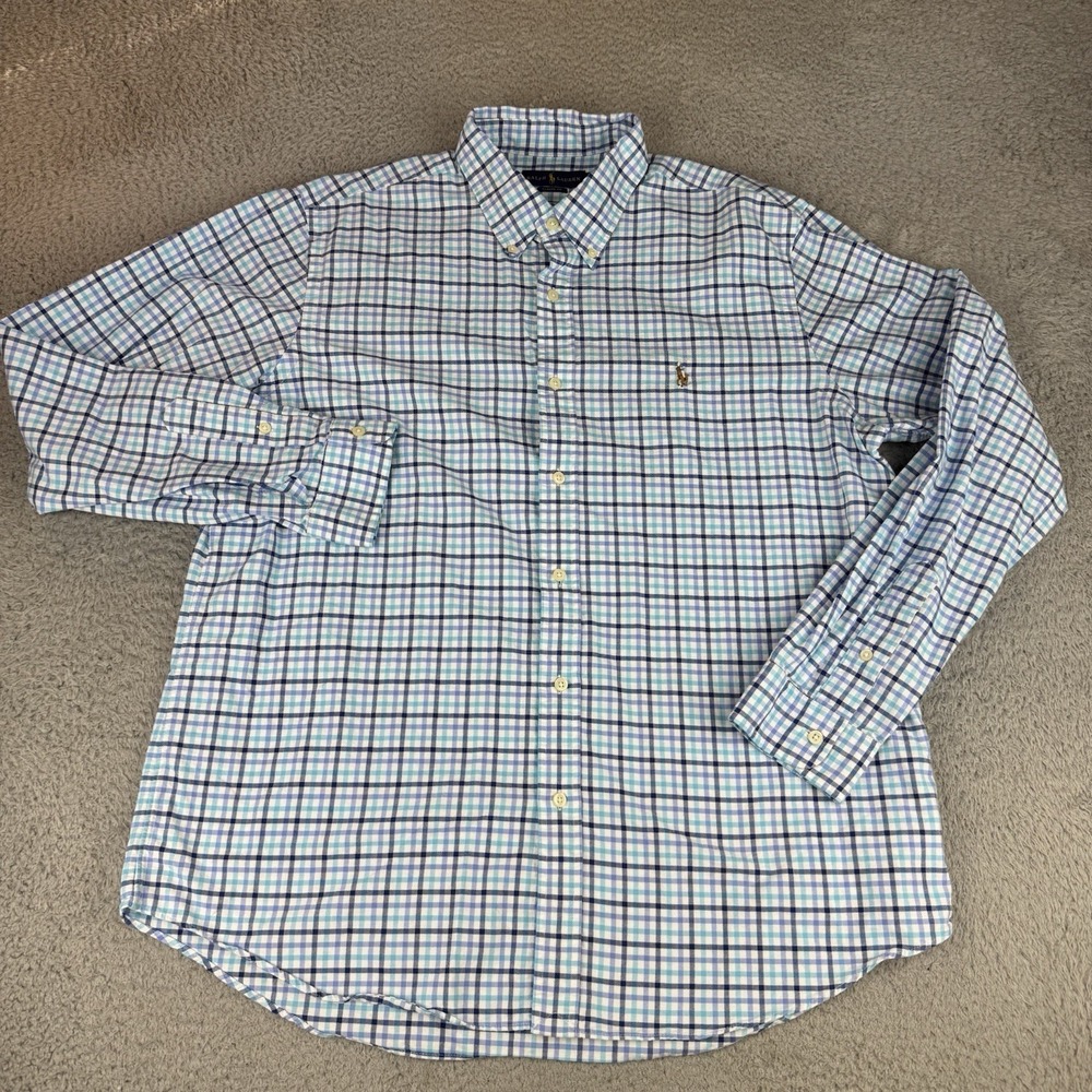 Ralph Lauren Men's Classic Fit Button-Down Blue Plaid Shirt Xl Dress Preppy